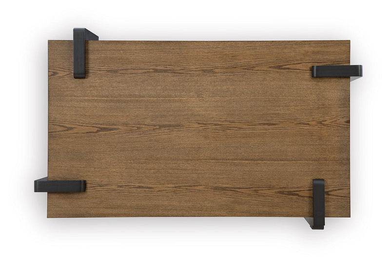 Rectangular wood tabletop with black corner brackets and thick black supports
