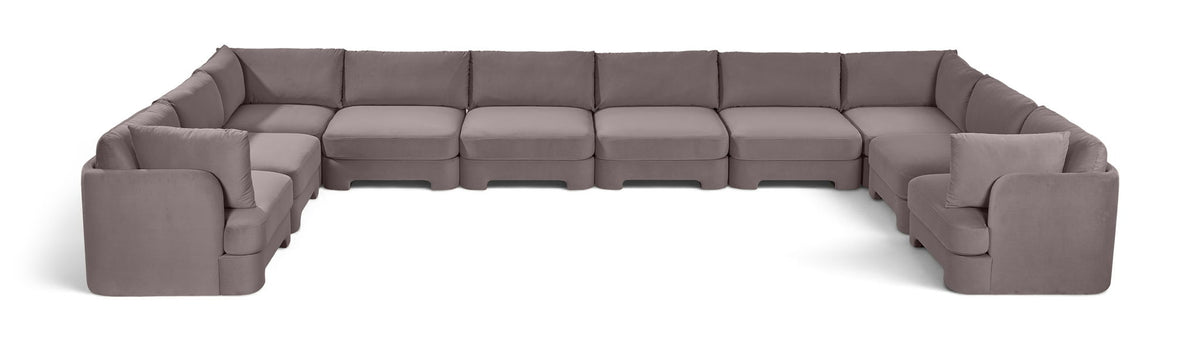 10-piece velvet sectional sofa, gray modular L-shape with chaise and ottoman-style seats.