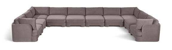 10-piece velvet sectional sofa, gray modular L-shape with chaise and ottoman-style seats.