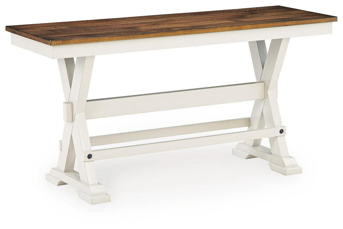 Dark brown wood dining bench with white legs and central support bar