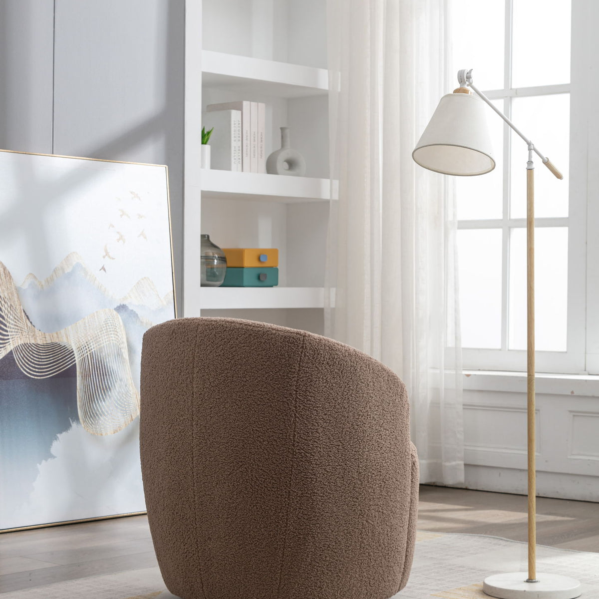 Teddy Fabric Swivel Accent Armchair Barrel Chair With Powder Coating Metal Ring
