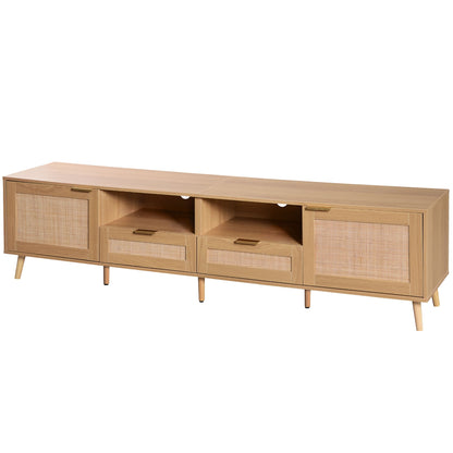 Light brown media console with two side cabinet doors, three drawers, and open center