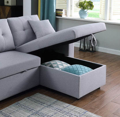 Dennis - Linen Fabric Reversible Sleeper Sectional With Storage Chaise And 2 Stools