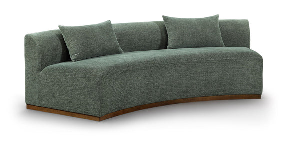 104-inch chenille upholstered sofa in green fabric with three back cushions and dark base.