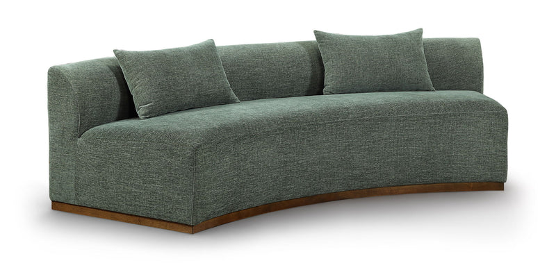 104-inch chenille upholstered sofa in green fabric with three back cushions and dark base.
