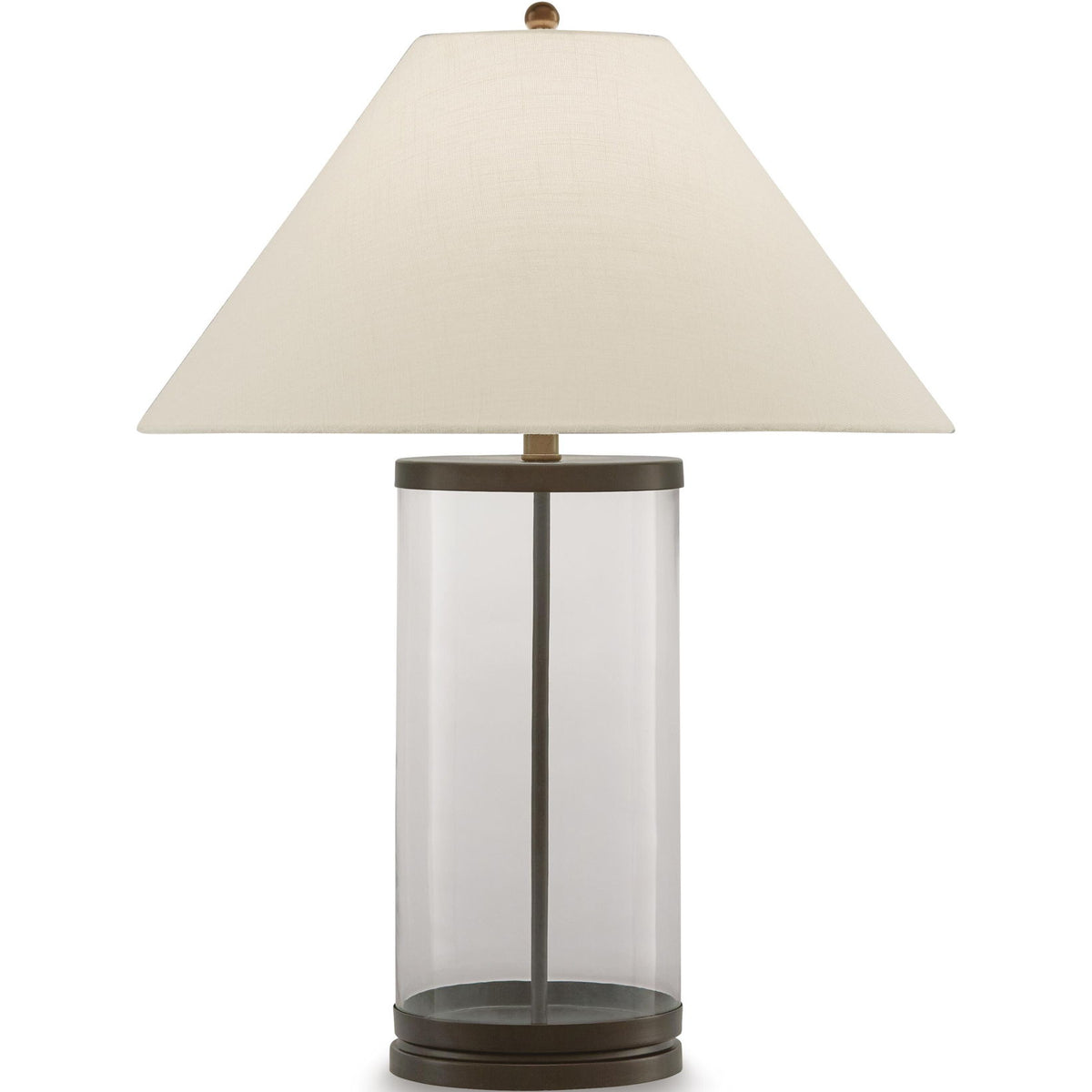 Junrow glass table lamp with clear glass cylinder, beige shade, and dark brown top and base