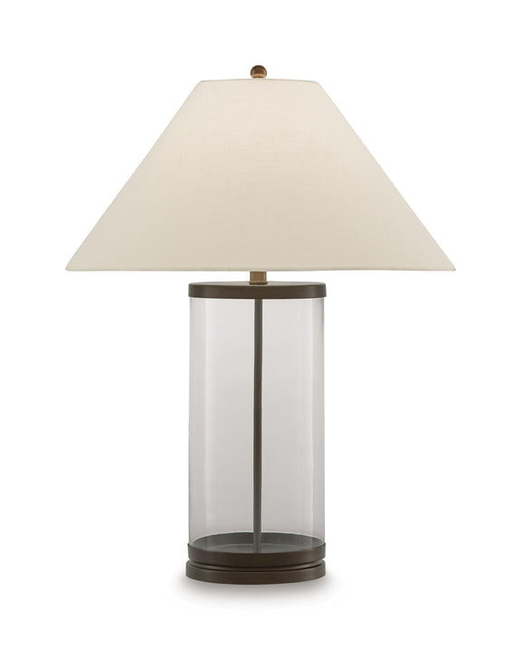 Junrow glass table lamp with clear glass cylinder, beige shade, and dark brown top and base