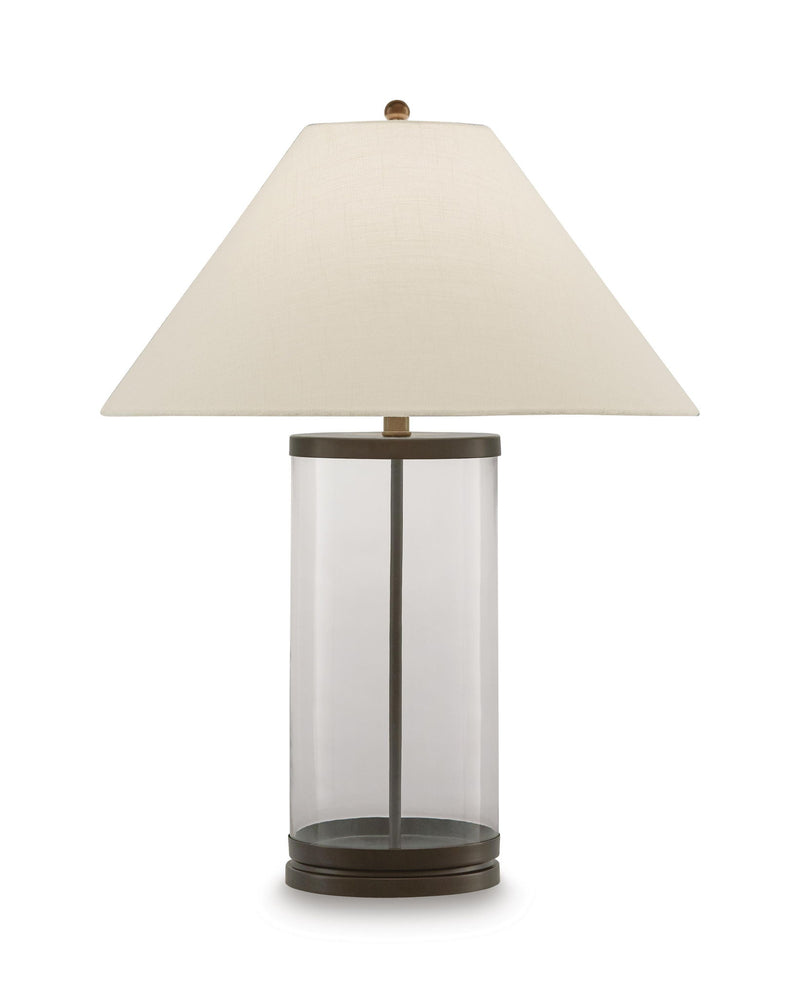 Junrow glass table lamp with clear glass cylinder, beige shade, and dark brown top and base