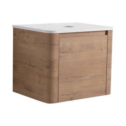 Dark wood bathroom vanity cabinet with white countertop, soft-close door, oval opening