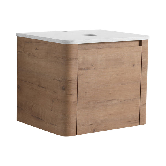 Dark wood bathroom vanity cabinet with white countertop, soft-close door, oval opening