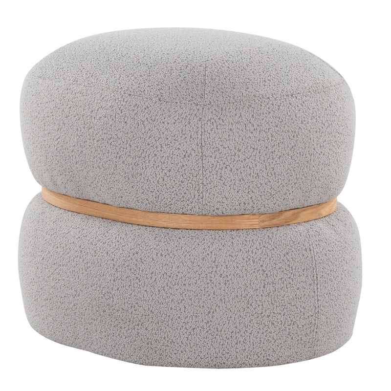 Gray upholstered pouf ottoman with midsection wood band and rounded top