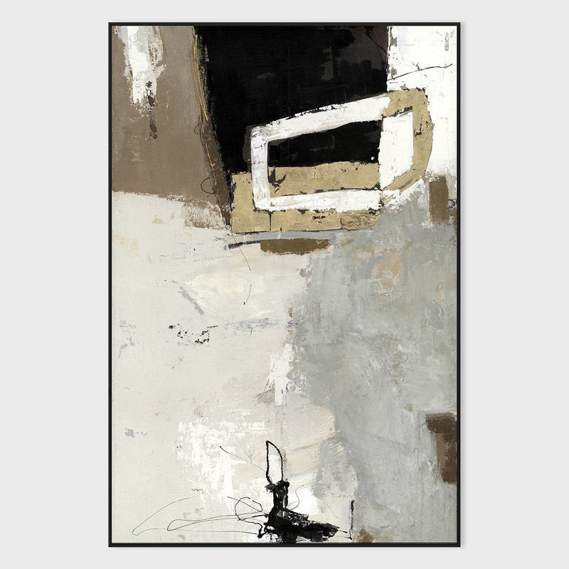 Framed abstract wall art with gray textures, black square mark, and ink figure