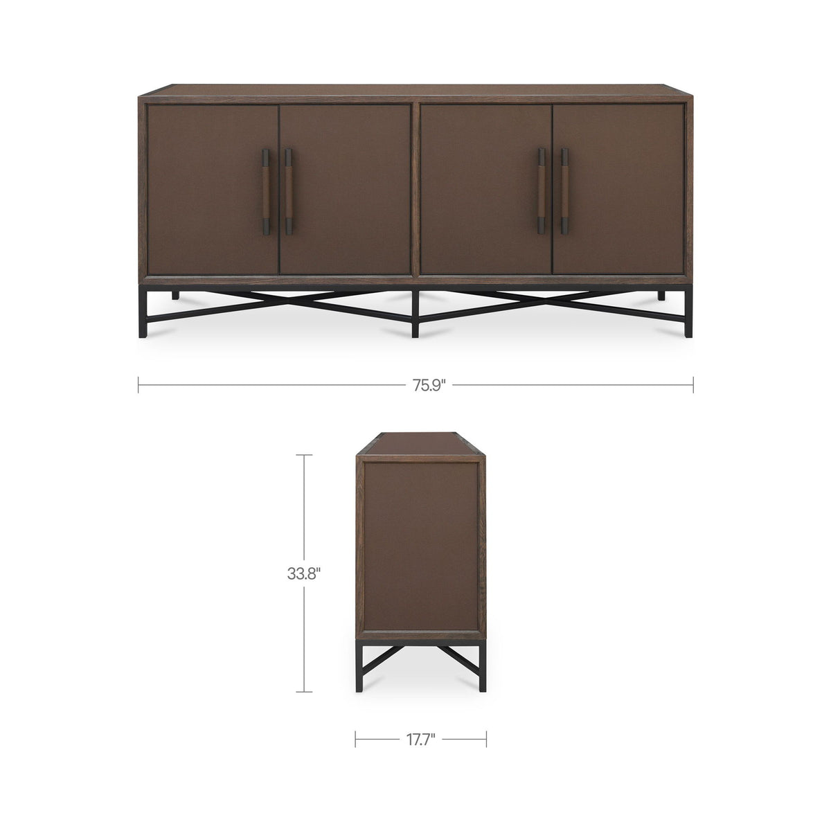 Brown sideboard with four doors and metal bar handles, black angled legs