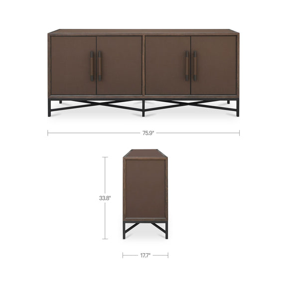 Brown sideboard with four doors and metal bar handles, black angled legs