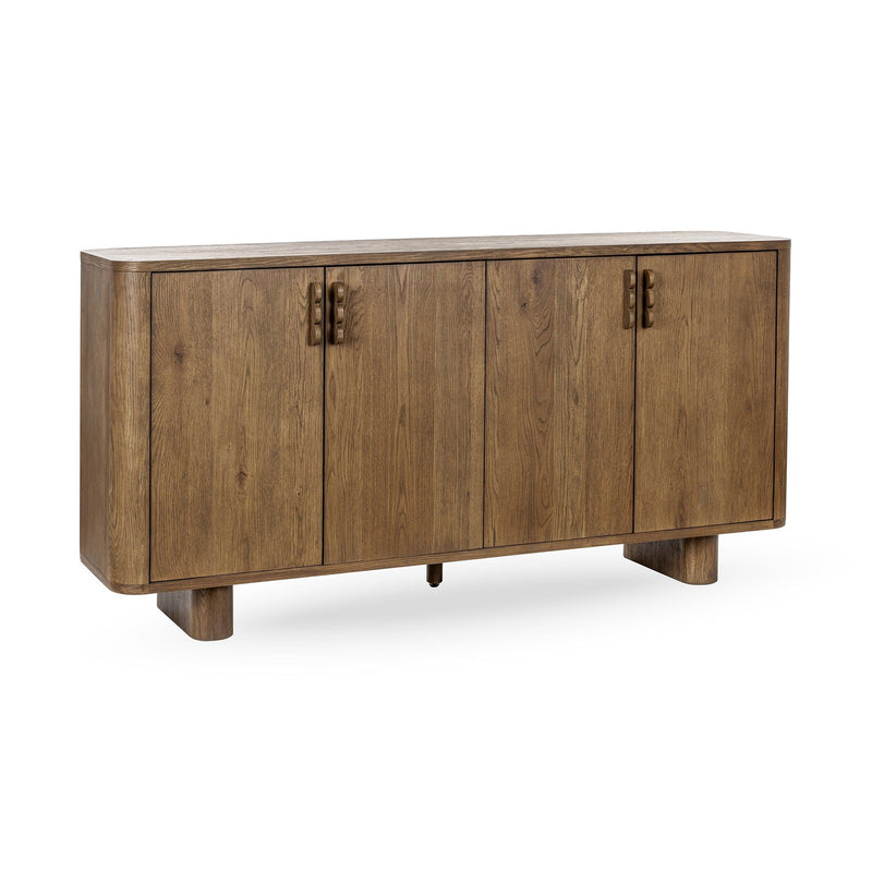 Tawny brown 4-door sideboard with long vertical doors and black metal handles