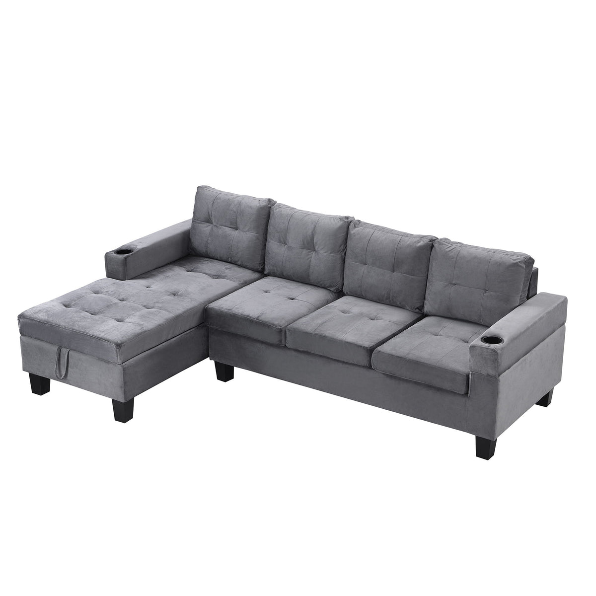Dark gray L-shape sectional sofa with chaise lounge and storage ottoman sections
