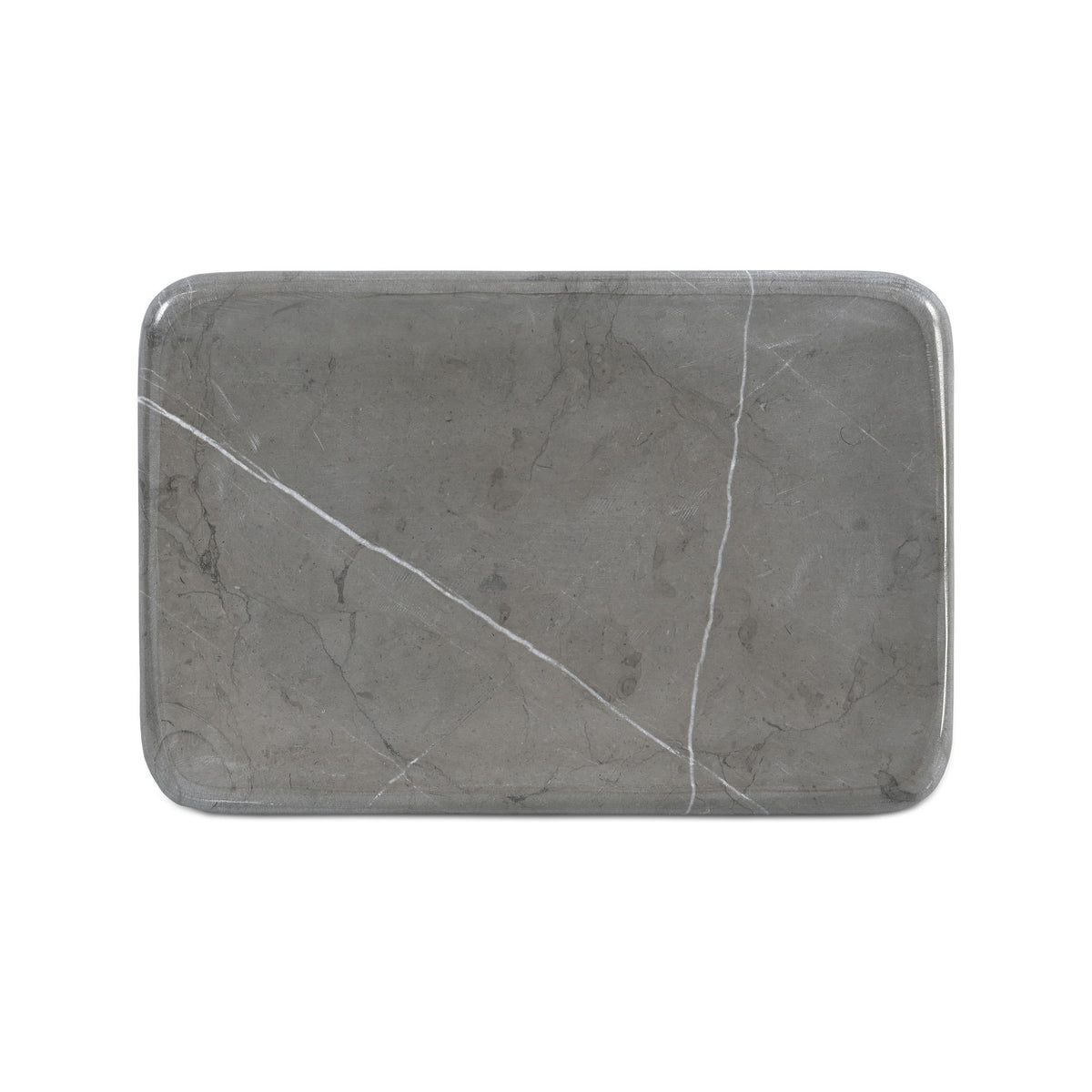 Gray marble catchall tray with prominent white vein pattern and rectangular shape