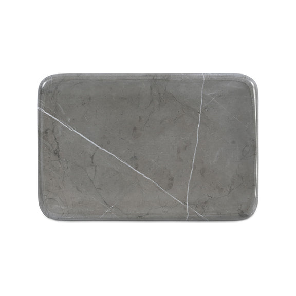 Gray marble catchall tray with prominent white vein pattern and rectangular shape