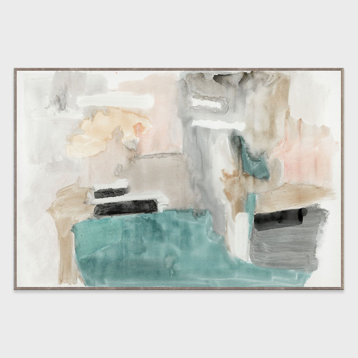 Abstract wall art painting in beige, teal, and blue with layered, textured brush strokes
