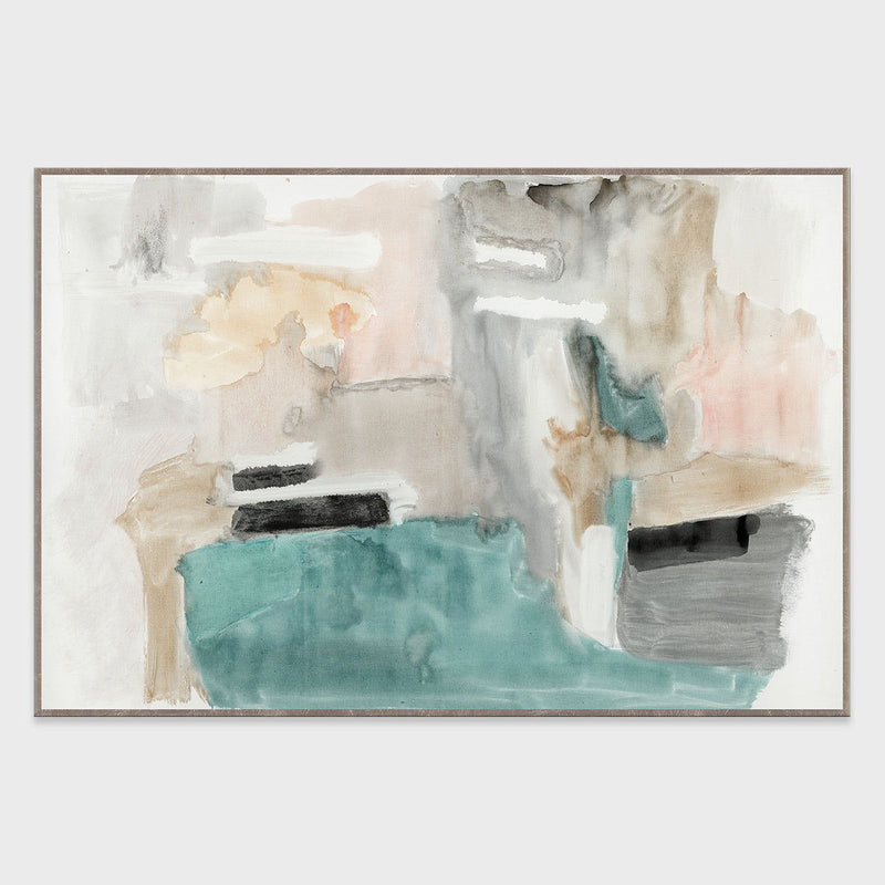 Abstract wall art painting in beige, teal, and blue with layered, textured brush strokes
