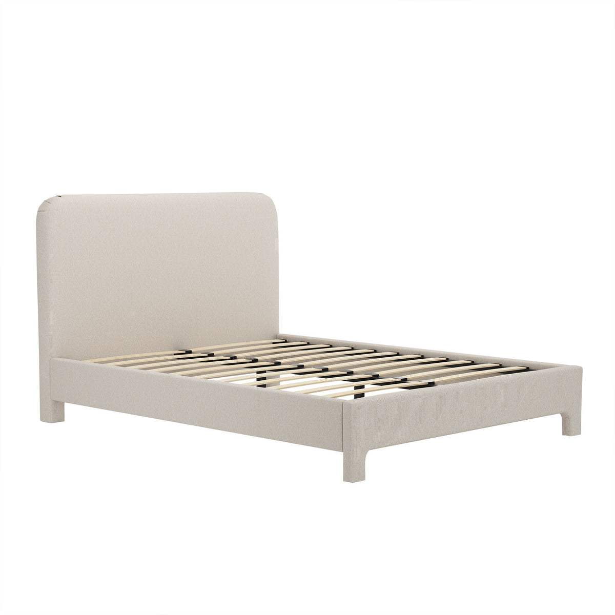 Light beige upholstered bed frame with rounded headboard and exposed slat platform