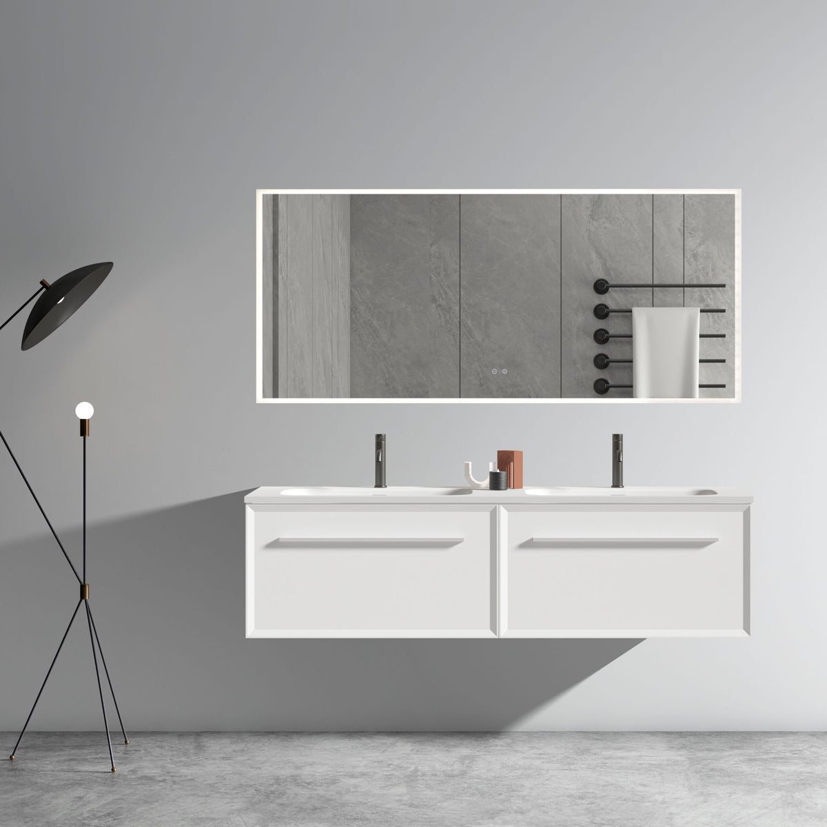 U052-Nevia60W-206 Nevia Bathroom Vanity With Automatic LED Drawer Light, Wall Mounted Bathroom Vanity With Integrated Solid Surface Sink, Without Drain - Snow White