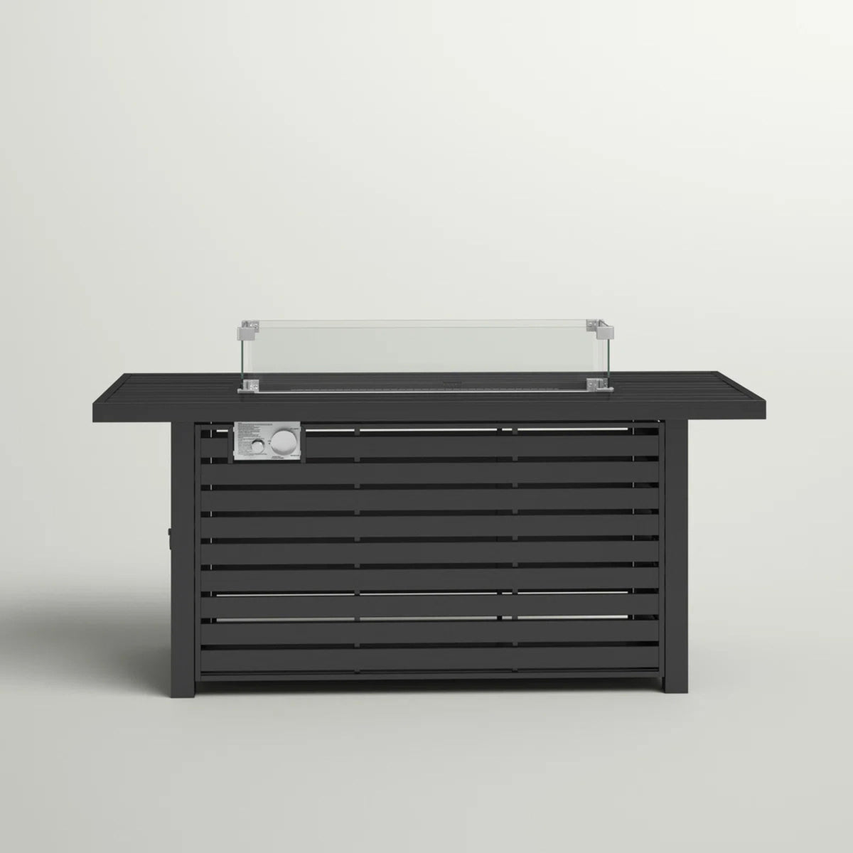 Black propane fire pit table with slatted front panel and control knobs