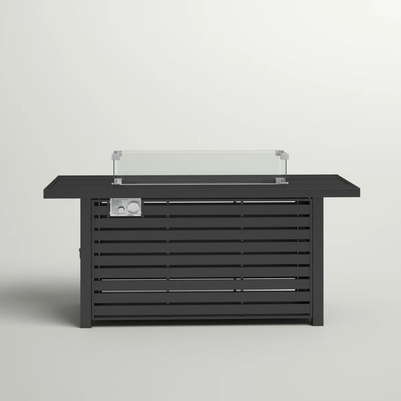 Black propane fire pit table with slatted front panel and control knobs