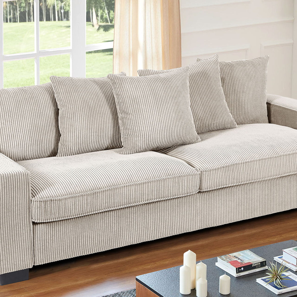 Luxe Corduroy Sofa With 5 Matching Toss Pillows, Sleek Design, Spacious And Comfortable 3 Seater Couch