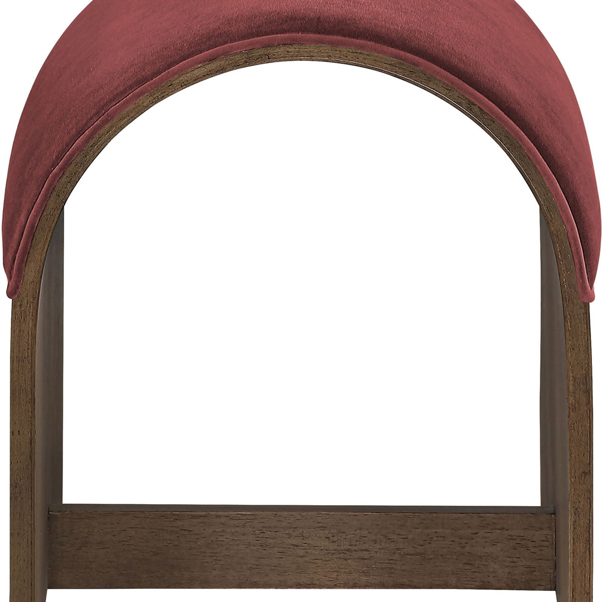 Dark red velvet upholstered bench end with arched top and dark wood frame