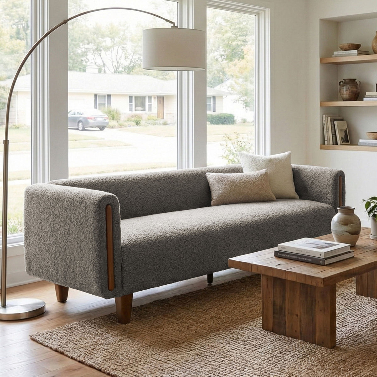 Dark gray 3-seater sofa with armrests, fabric upholstery in a bright living room