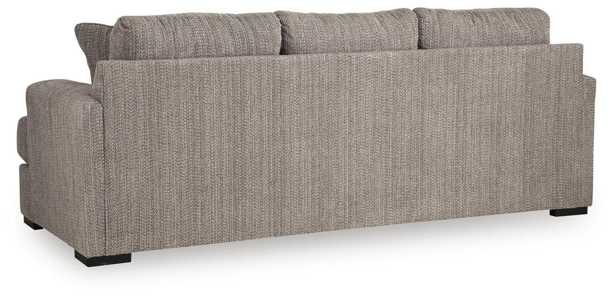 Lofwood sofa, textured gray upholstery with straight arms and two back cushions