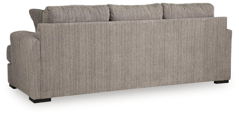 Lofwood sofa, textured gray upholstery with straight arms and two back cushions