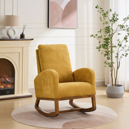 27.2'W Rocking Chair for Nursery, Polyester Glider Chair with High Back and Side Pocket, Rocking Accent Armchair with Rubber Wood Legs for Living Room/Bedroom, Mustard