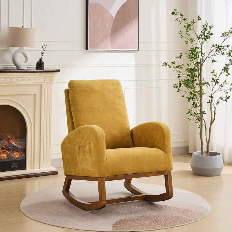 27.2'W Rocking Chair for Nursery, Polyester Glider Chair with High Back and Side Pocket, Rocking Accent Armchair with Rubber Wood Legs for Living Room/Bedroom, Mustard