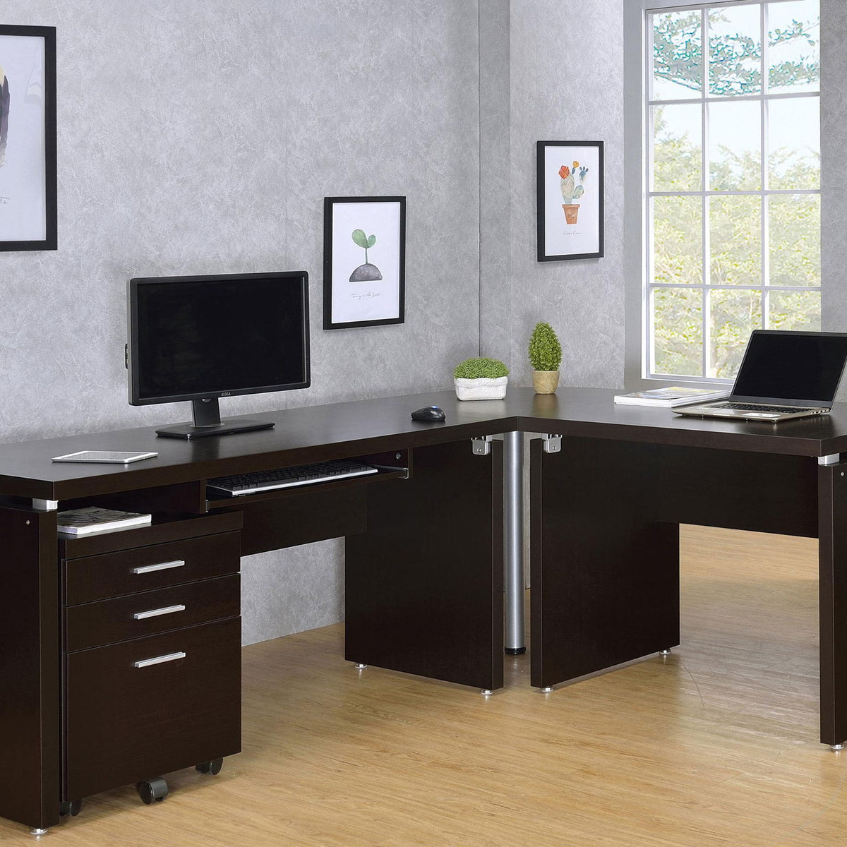Skylar L-Shape Desk with Mobile File Cabinet Cappuccino