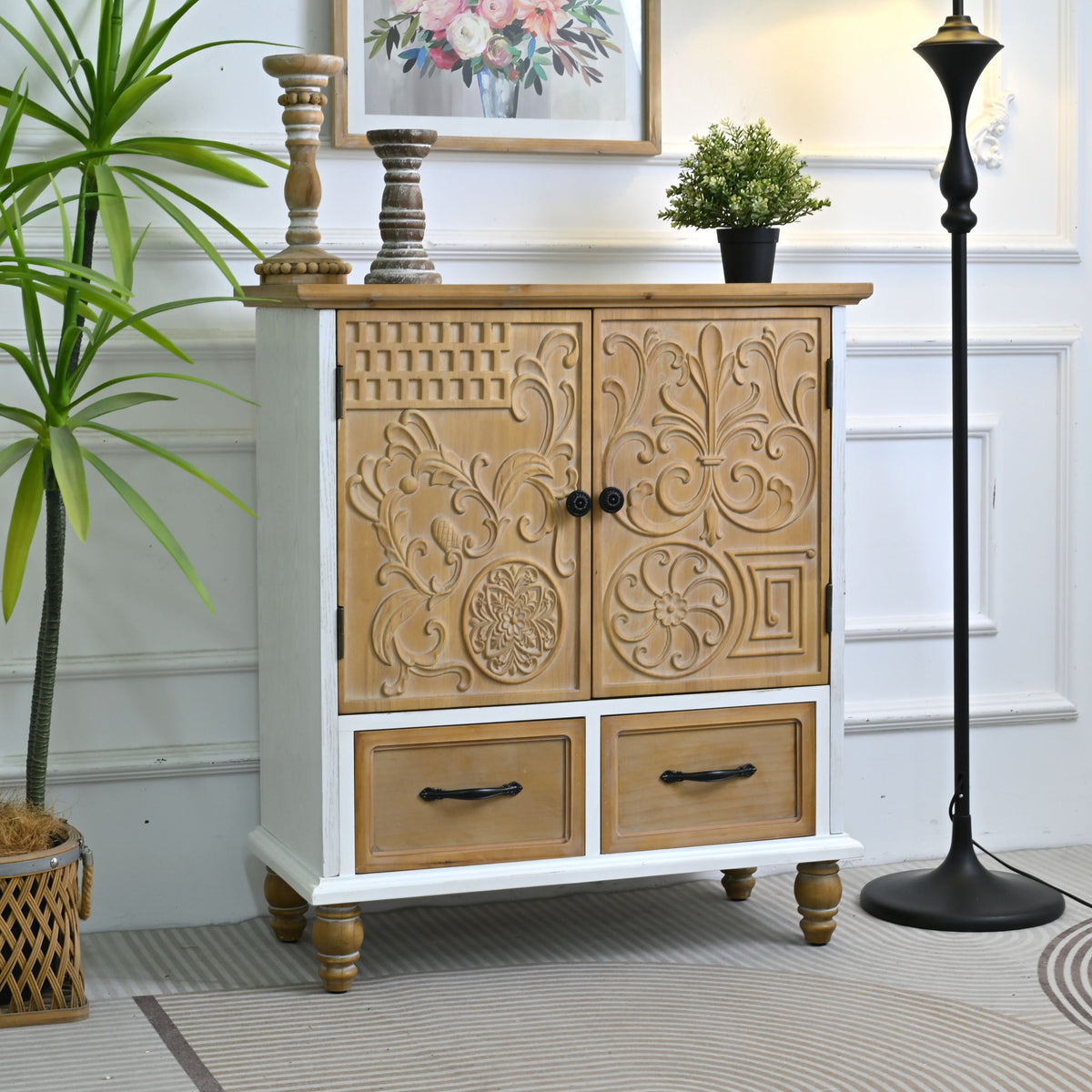 Wood accent sideboard cabinet with carved door fronts and two pull-out drawers
