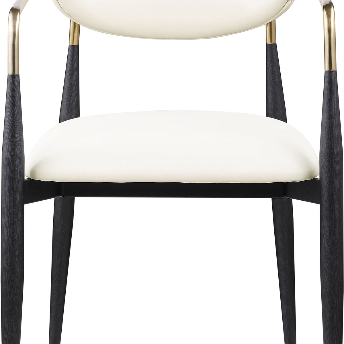 Upholstered dining arm chair with oval white seat and back, black legs, gold arm frame