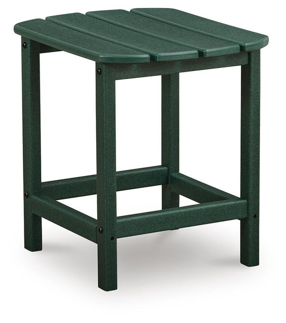 Green rectangular end table with slatted surface and bottom shelf, angled view