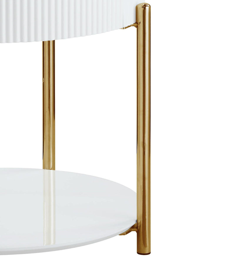 Gold vertical legs and white oval lower shelf under a round tabletop