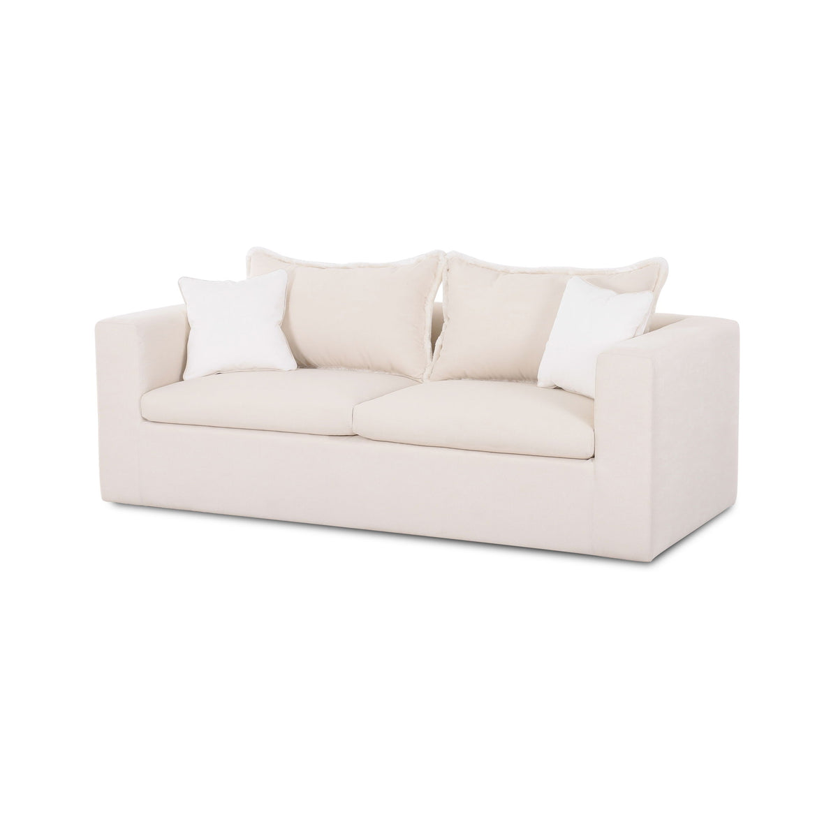 White boucle outdoor sofa with two armrests and three seat cushions plus pillows