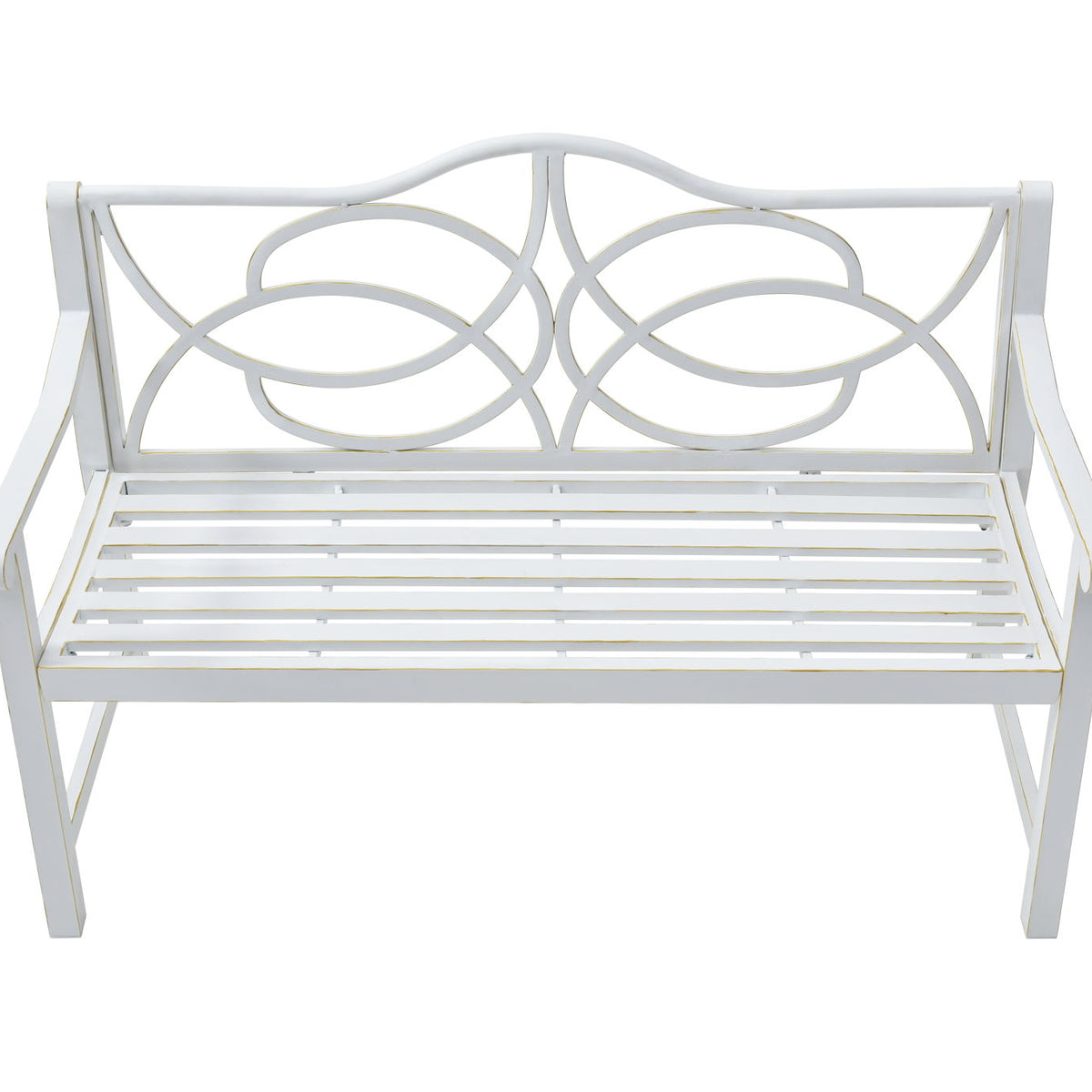 Outdoor Garden Patio Bench With Backrest And Armrest, Slatted Seat For Park, Yard & Porch, Balcony, Accommodates 2 - 3 People - White
