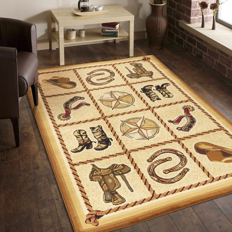 Beige southwest area rug with animal and star symbols in a square tile pattern