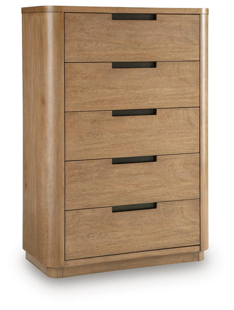 Light brown five-drawer chest with black bar handles, front view