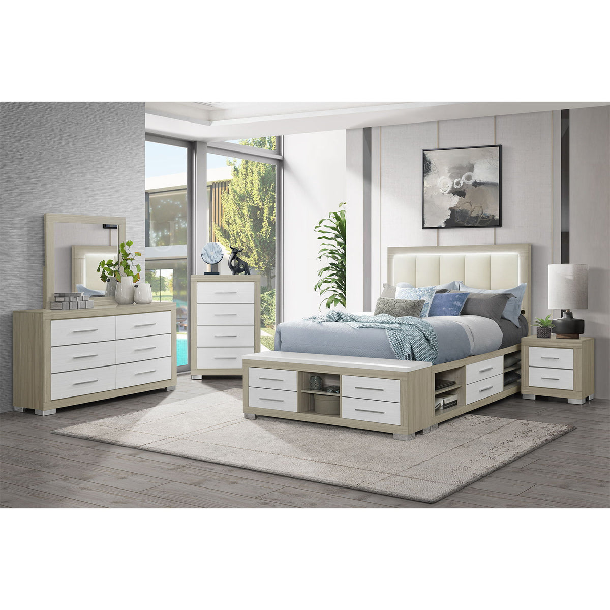 Square wall mirror with light frame above a dresser in a bedroom