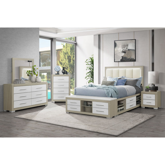 Two-tone dresser with drawers and bar handles, light wood frame and white drawer fronts