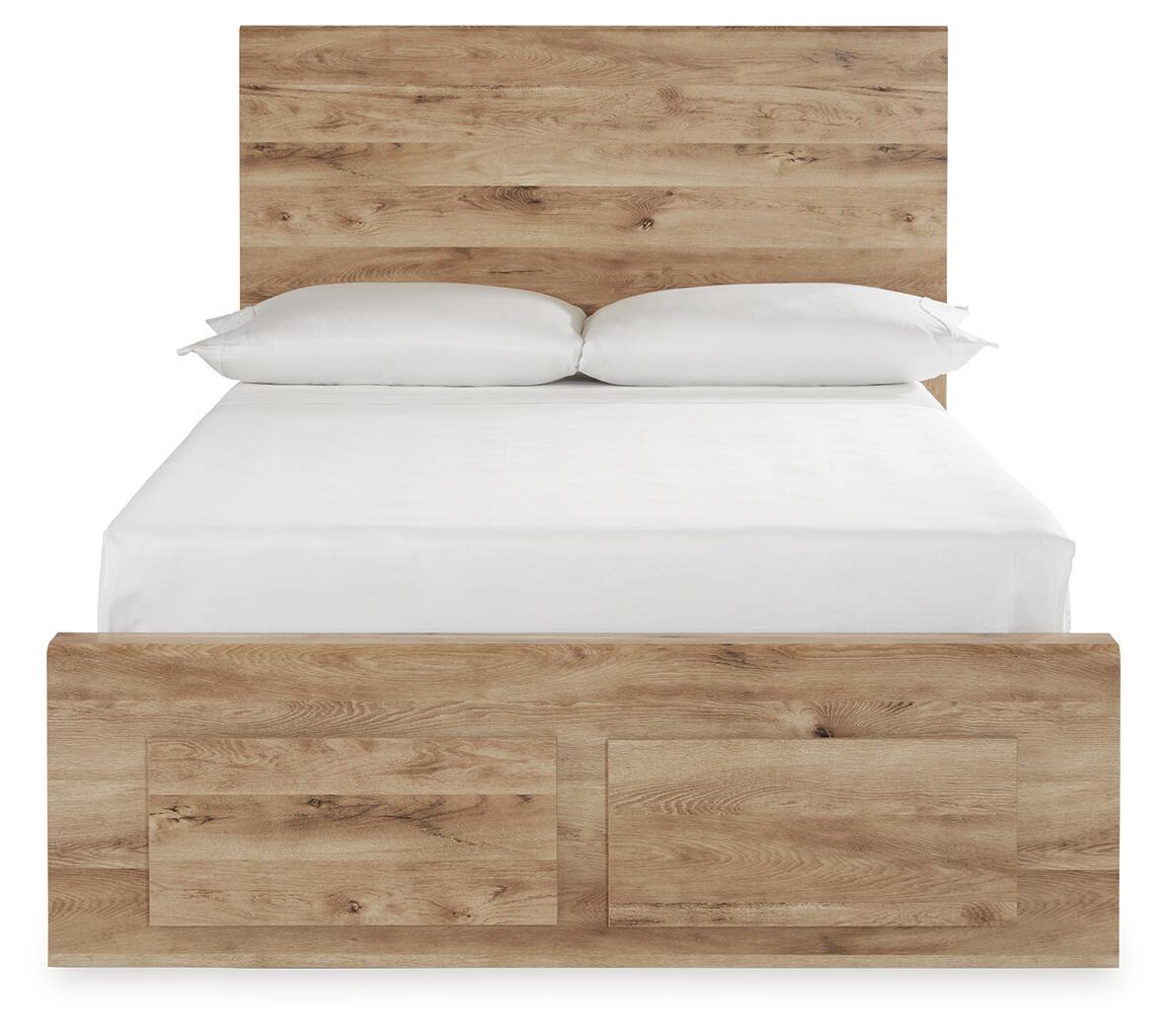 Beige storage bed with two front drawers and wooden headboard