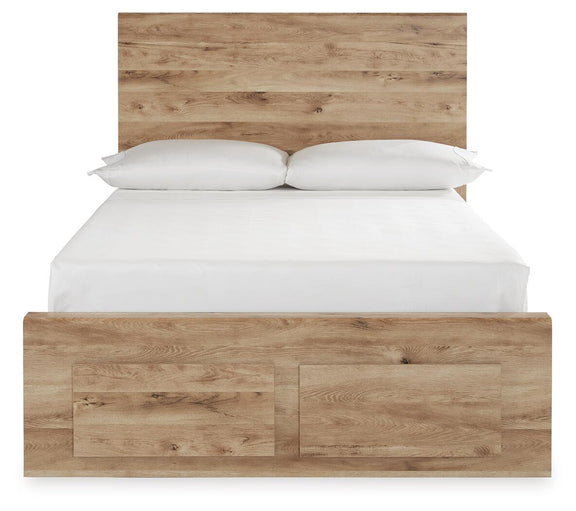 Beige storage bed with two front drawers and wooden headboard