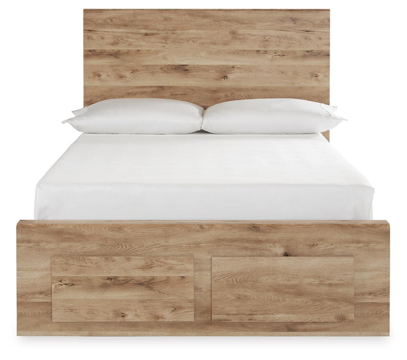 Beige storage bed with two front drawers and wooden headboard