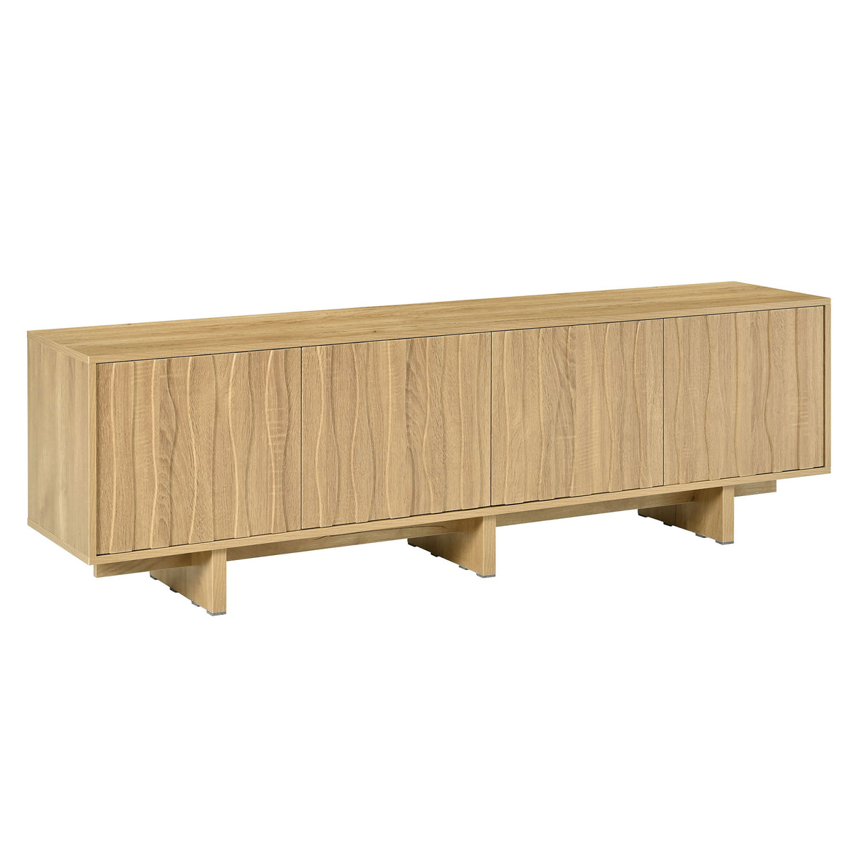 Light brown TV stand with wavy door front panels and angled wooden legs
